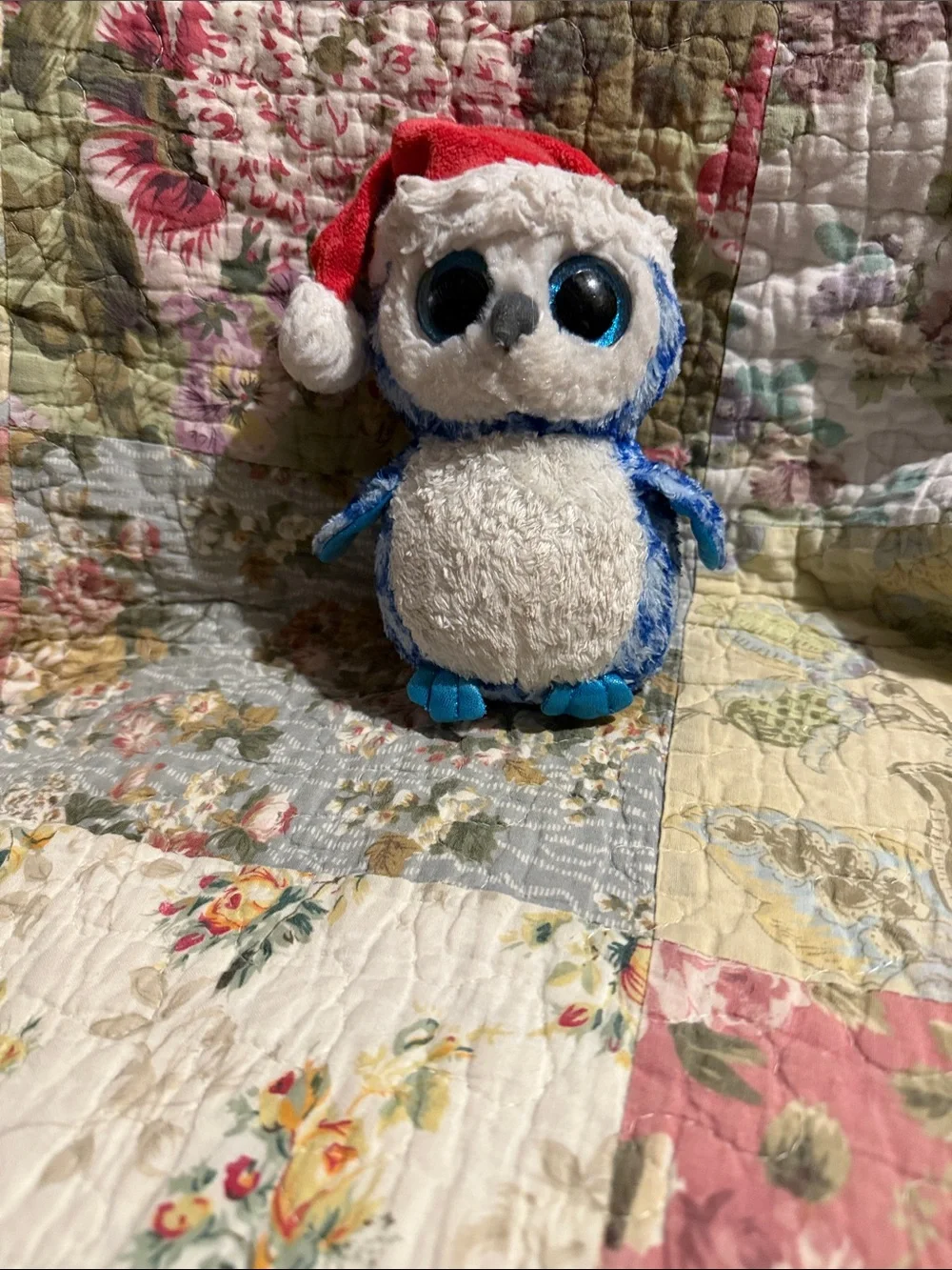 Blue and White Plush Penguin Pet Toy with Red Holiday Hat